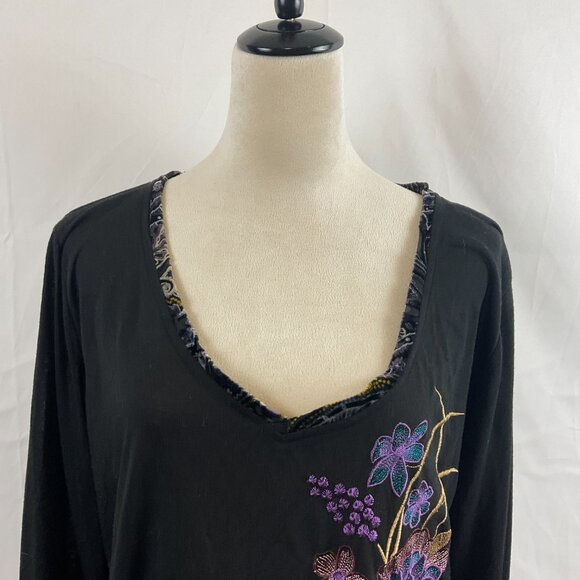 Aratta Silent Gourney Top XL Black Embroidered Purple Green Blue Floral - Picture 2 of 13